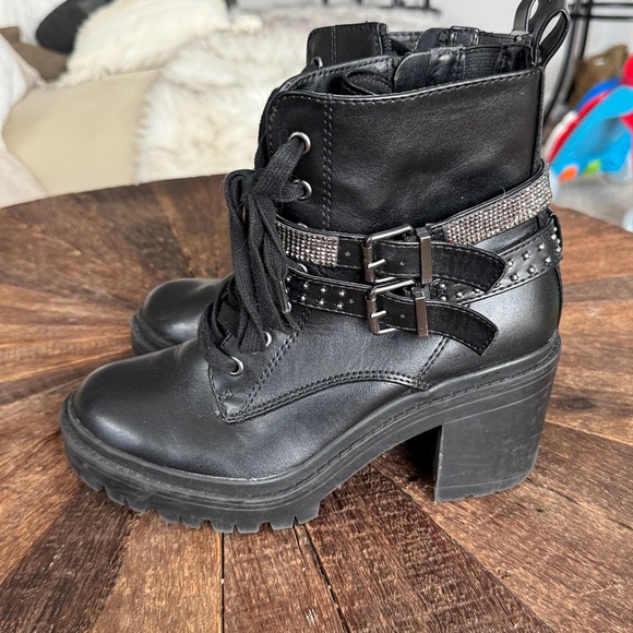 Torrid Black Embellished Rhinestone Chunky Lug Buckle Leather Heeled Booties - Picture 3 of 7